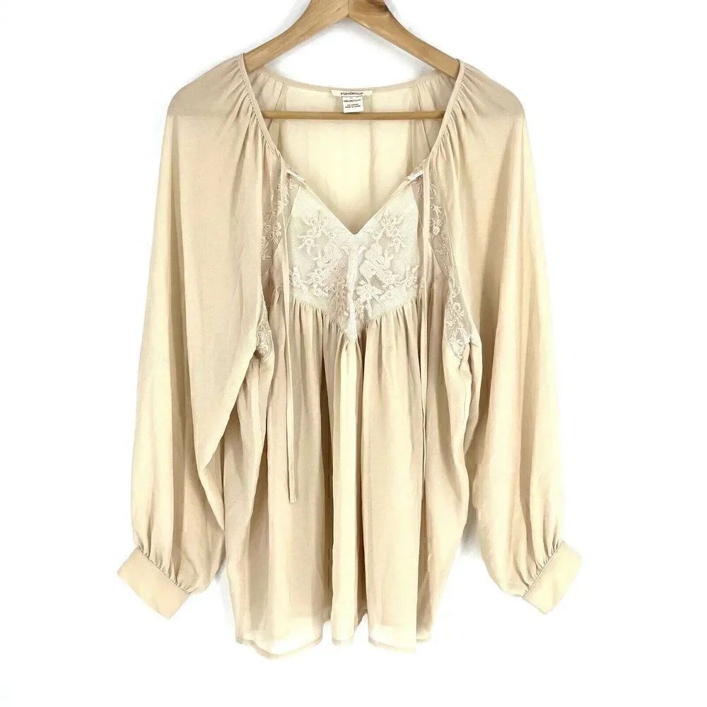Sundance Shirt Size Medium Womens Beige Embroidered Lace Sheer Cottagecore Top